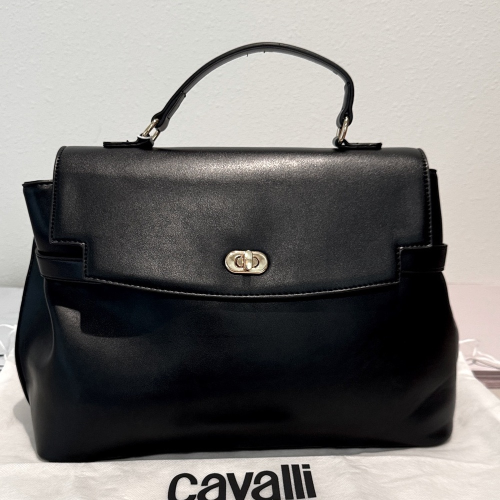 Cavalli Class Black Leather Top-Handle Satchel